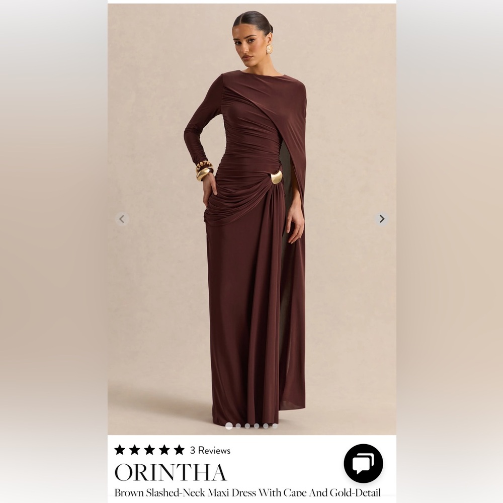 Club L London Orintha Brown Slashed-Neck Maxi Dress With Cape And Gold-Detail